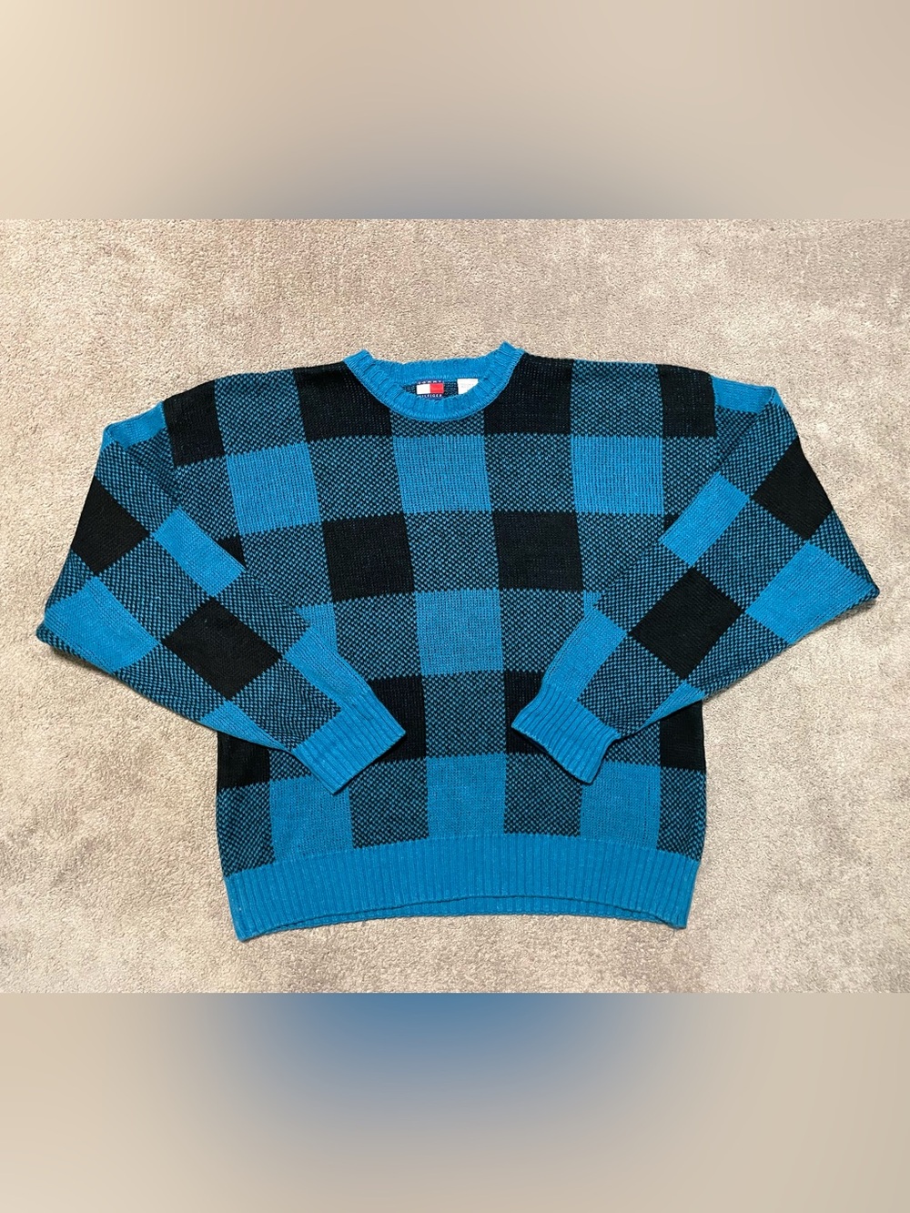 Vintage Tommy Hilfiger Linen Cotton Sweater Mens L Blue Black Buffalo Plaid 90s